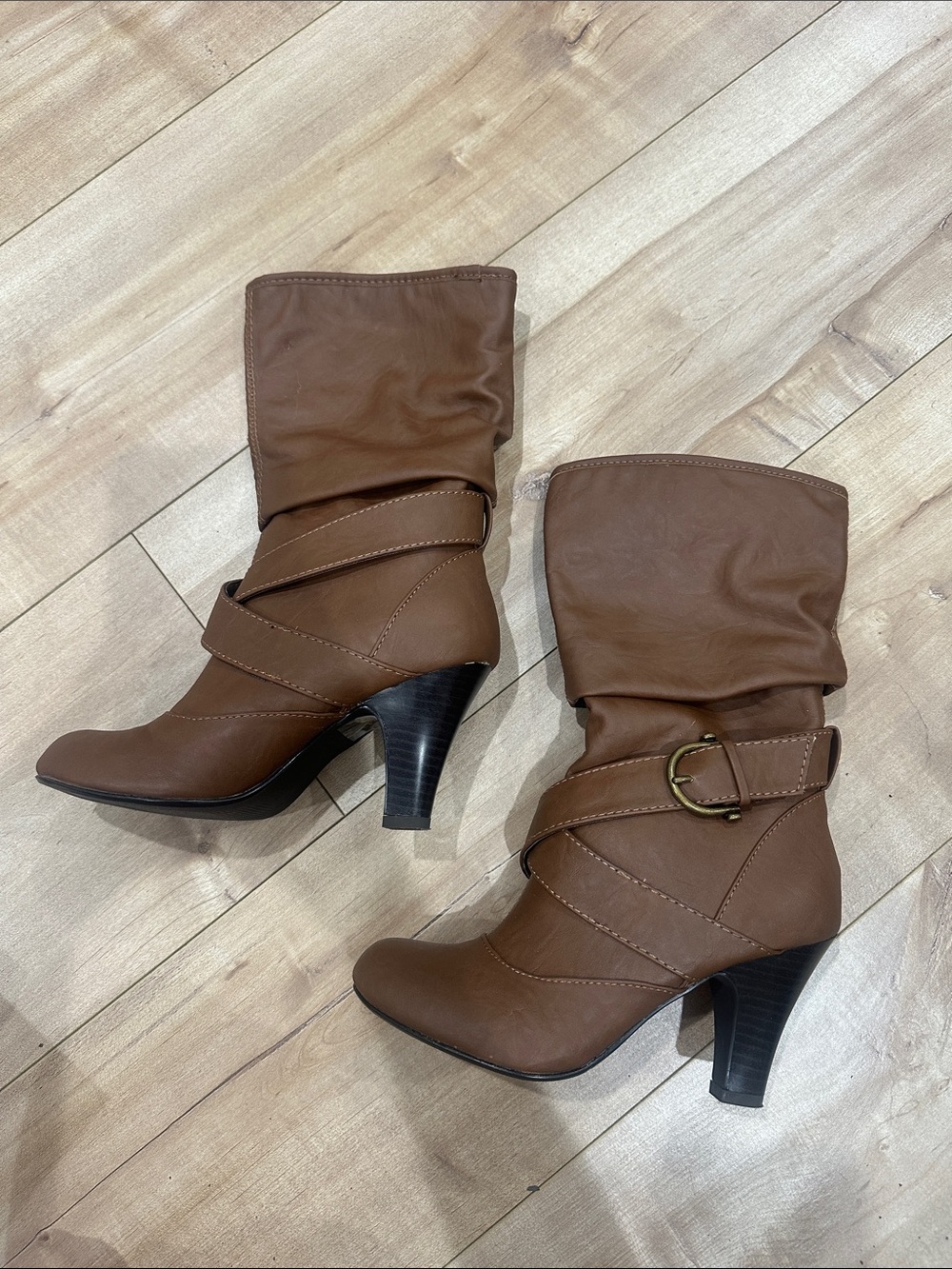 Cathy Jean Brown Slouch Mid-Calf Heeled Boots with Buckle